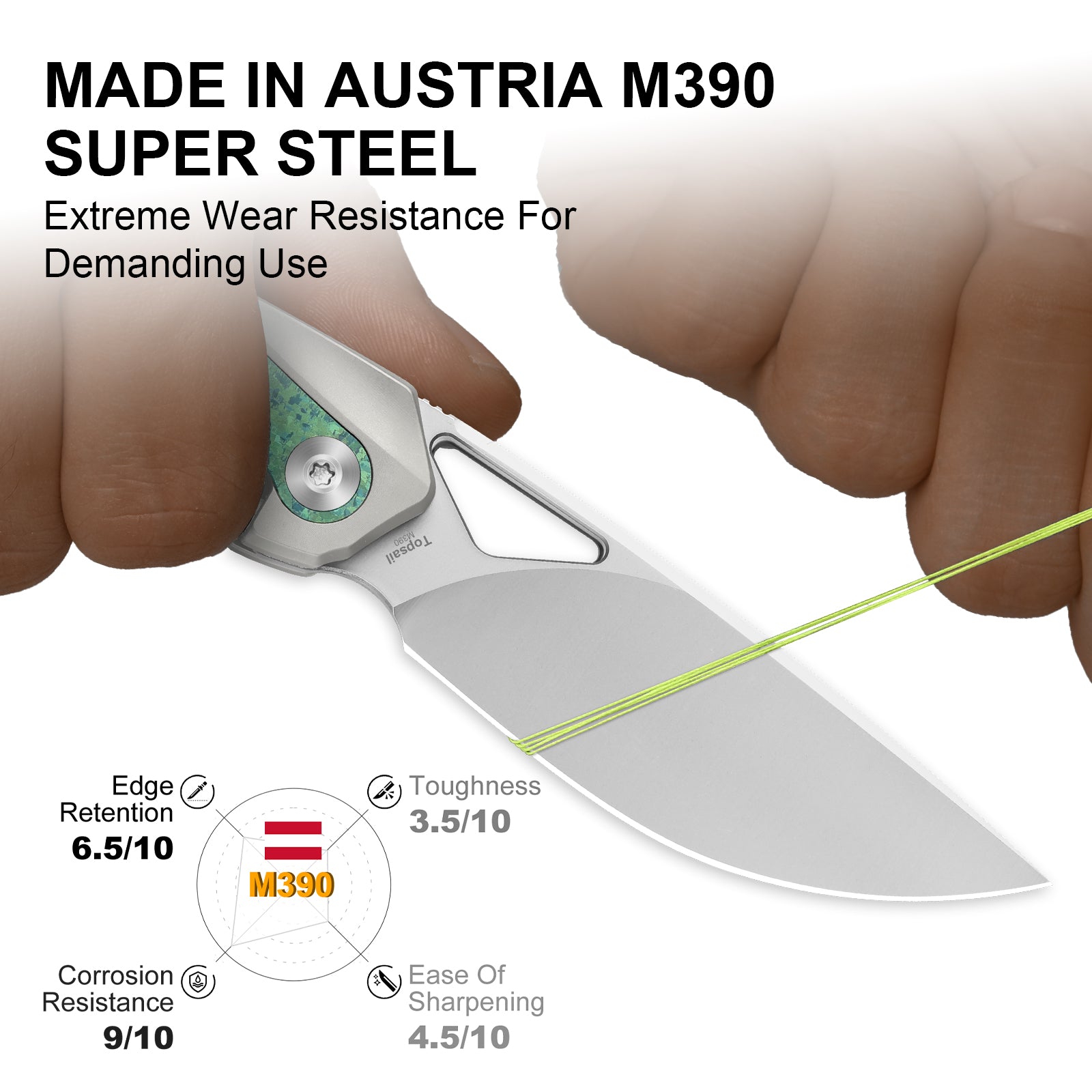 Topsail | M390 | Titanium & Crystallized Titanium | Front Flipper | KizerB™ 3735A4