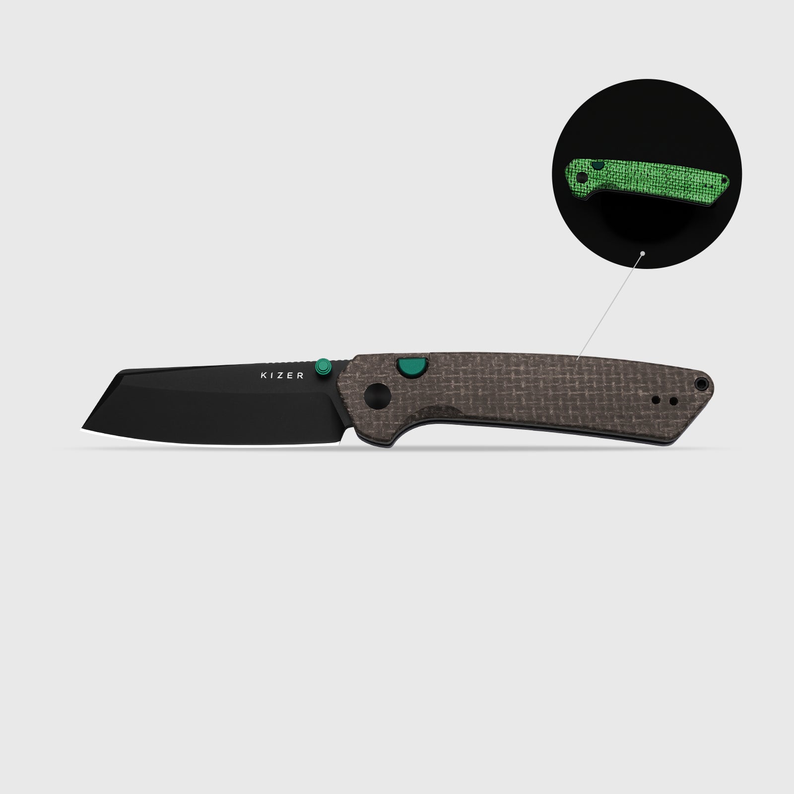 Madrac | Kizer Button Liner Lock™ | GID Canvas Micarta | 14C28N + Flat Grind + Black PVD Coating | KizerV™ 3693BSA4