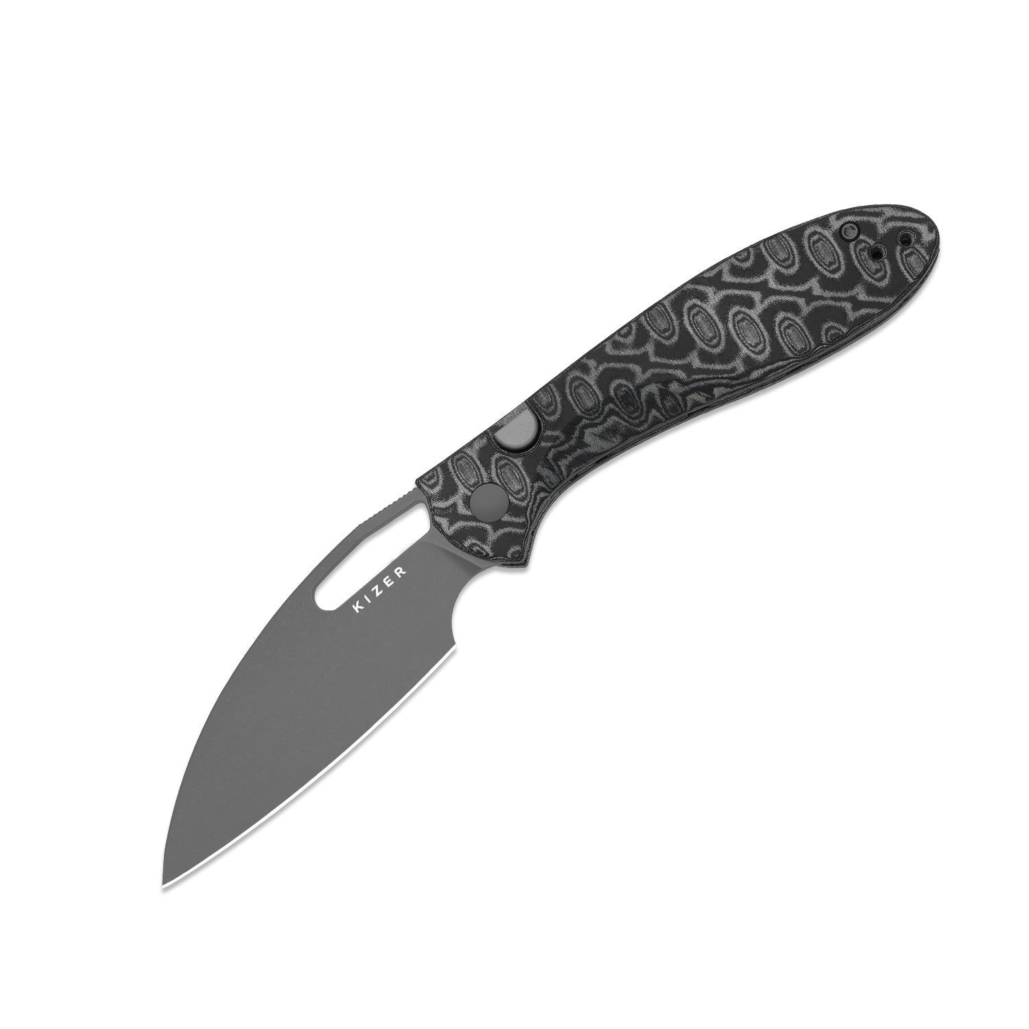 Masu | Kizer Button Liner Lock™ | GID Blue G10 | 14C28N | Vortex Pattern Micarta | KizerV™ 3697A2