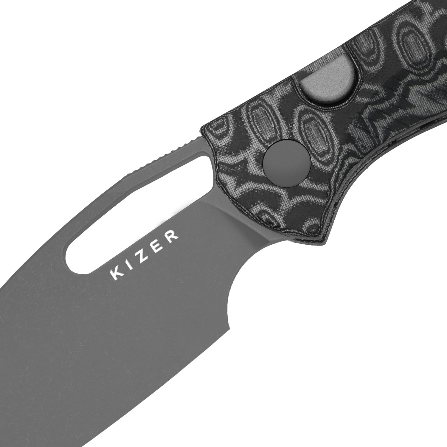 Masu | Kizer Button Liner Lock™ | GID Blue G10 | 14C28N | Vortex Pattern Micarta | KizerV™ 3697A2