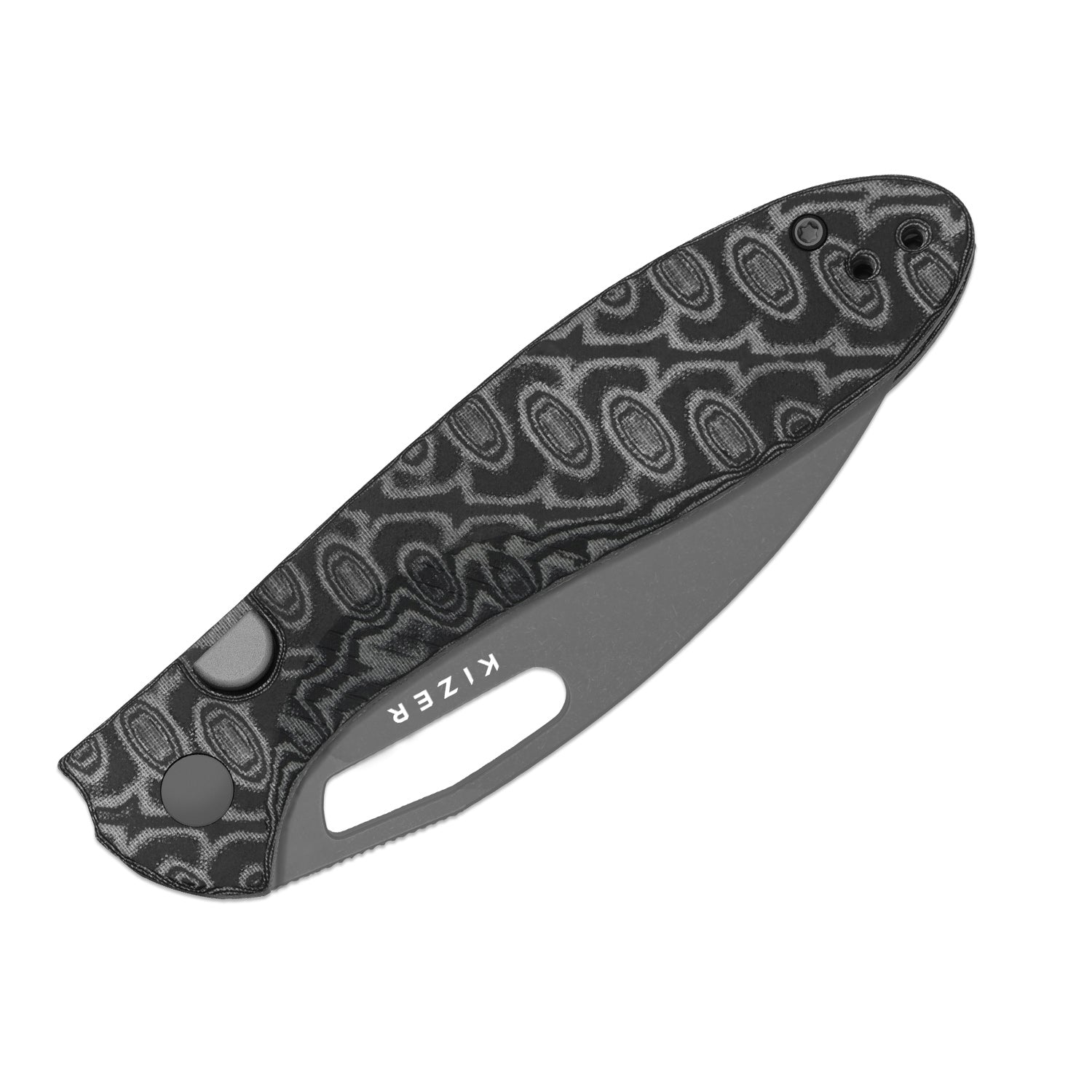 Masu | Kizer Button Liner Lock™ | GID Blue G10 | 14C28N | Vortex Pattern Micarta | KizerV™ 3697A2