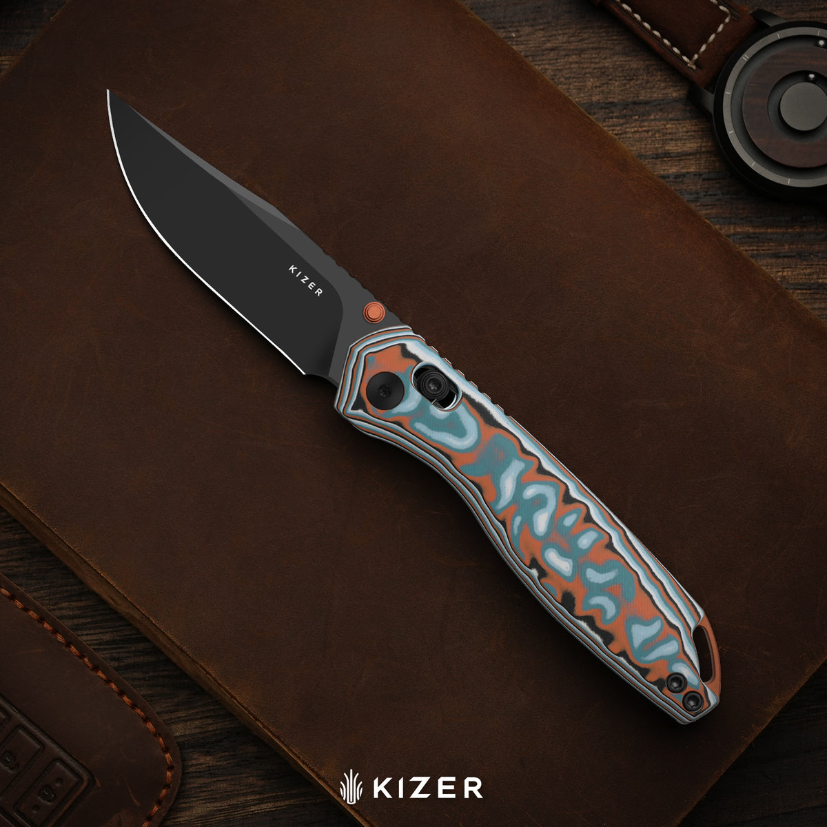 Findo | Clip Point | Kizer Clutch Lock™ | AEB-L + Satin | vortex pattern micarta | KizerV™ 3743CC2