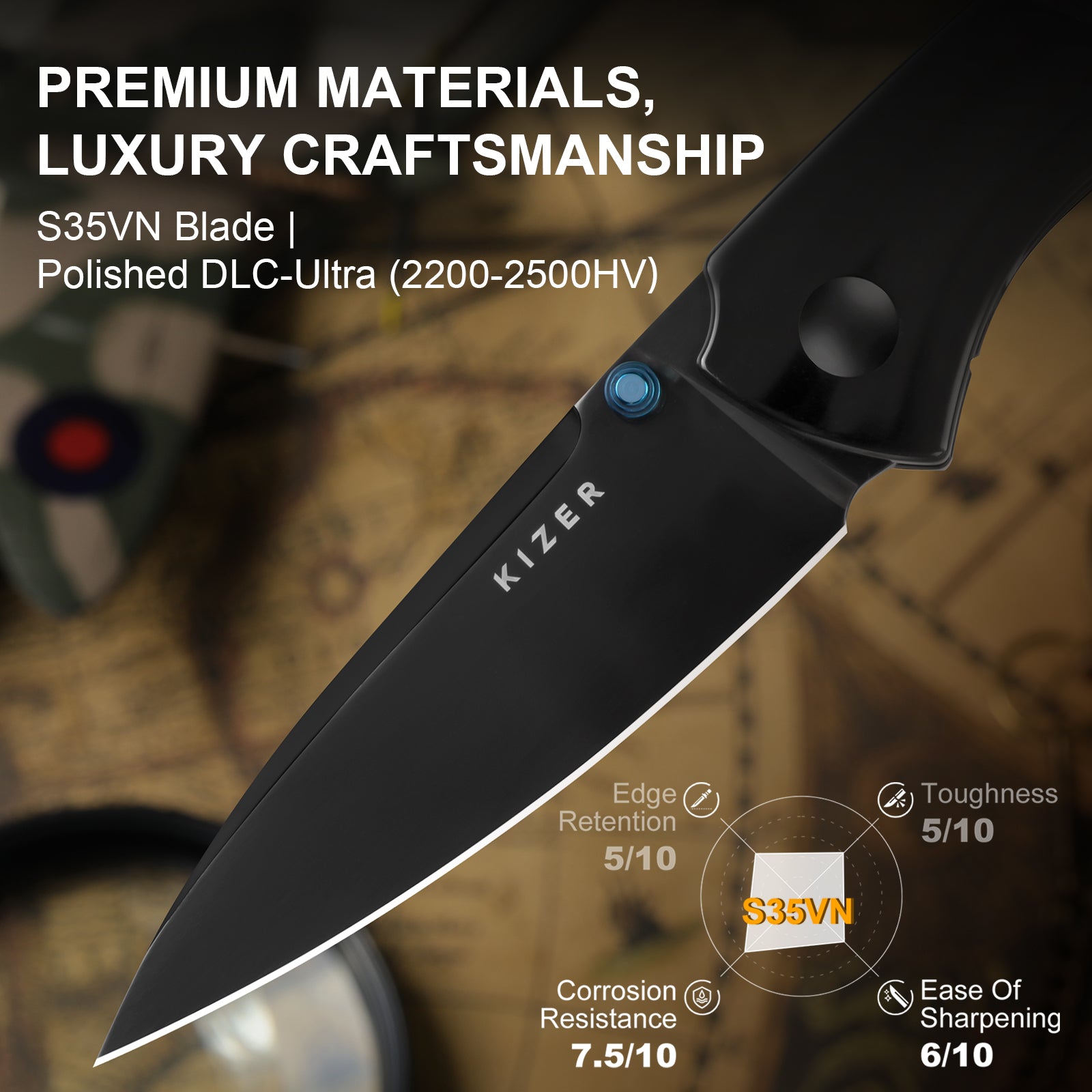 Spitfire | S35VN | Polished DLC | Titanium & Camo Carbon 80's | Ki3690A2