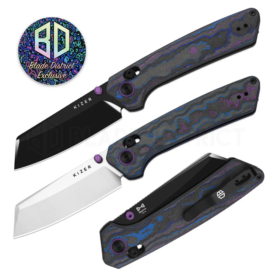 Kizer Madrac Knife Damtanium Camo Carbon Elmax Mirror DLC BLADE DISTRICT EXCLUSIVE