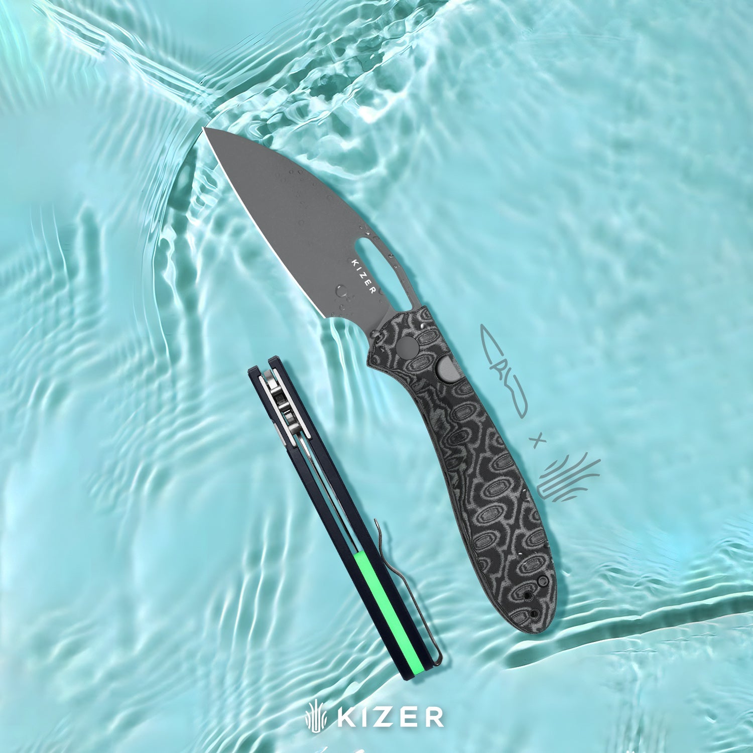 Masu | Kizer Button Liner Lock™ | GID Blue G10 | 14C28N | Vortex Pattern Micarta | KizerV™ 3697A2